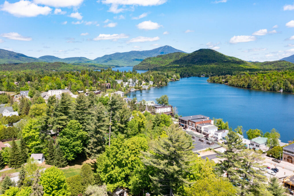 aerial view of Lake Placid lakefront lodges